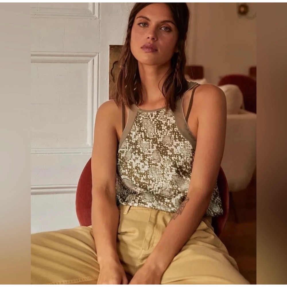 Free People Intimately Snake Print‎ Halter Bodysuit BOHO NWOT Green White Mesh M